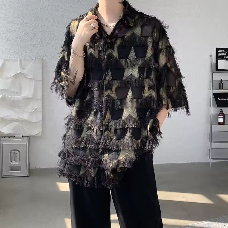 PFHQ Tassel Men's Shirt Contrast Color Turn-down Collar 2025 Short Sleeeve New Loose Korea Fashion Male Tops 21E3257