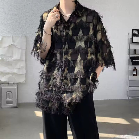 PFHQ Tassel Men's Shirt Contrast Color Turn-down Collar 2025 Short Sleeeve New Loose Korea Fashion Male Tops 21E3257