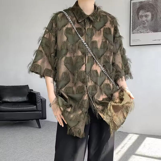 PFHQ Tassel Men's Shirt Contrast Color Turn-down Collar 2025 Short Sleeeve New Loose Korea Fashion Male Tops 21E3257