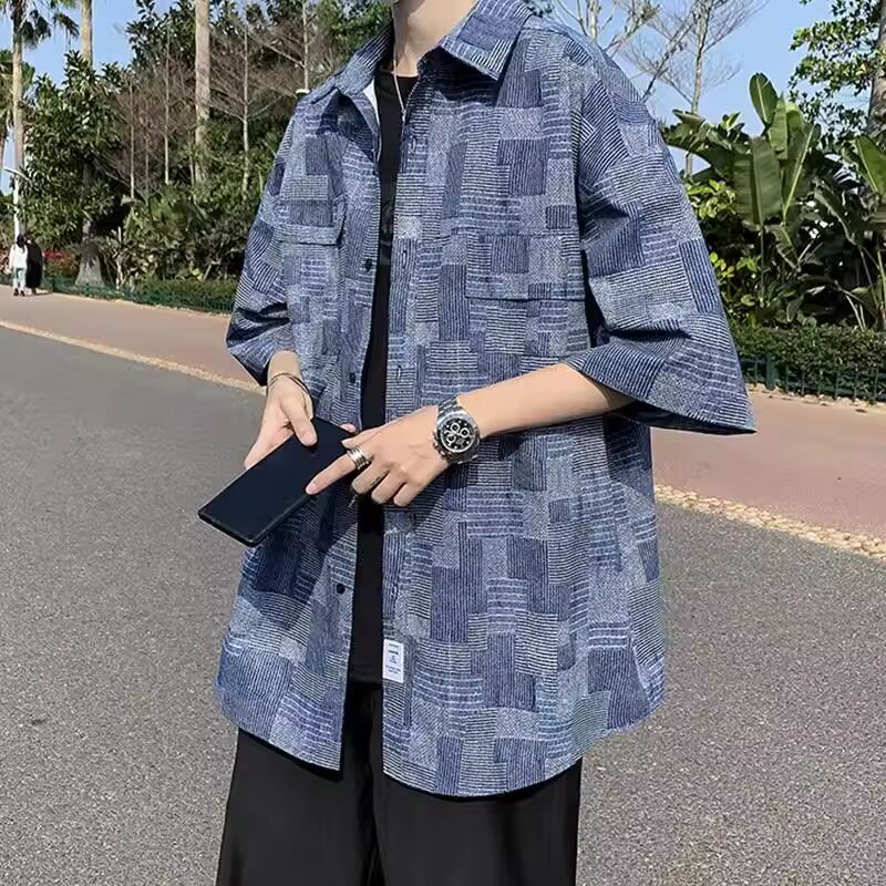 Hong Kong Style Plaid Loose Shirts Summer Casual Polo-Neck Men's Clothing Fashion Pockets Spliced Basic Single-breasted Shirts