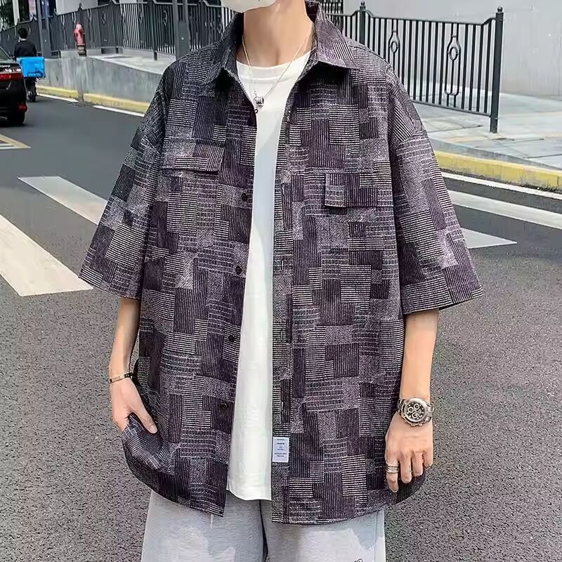 Hong Kong Style Plaid Loose Shirts Summer Casual Polo-Neck Men's Clothing Fashion Pockets Spliced Basic Single-breasted Shirts